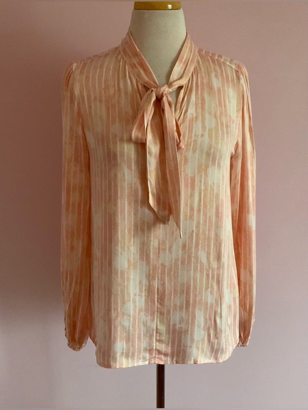 Mystree Peach Tie-Neck Blouse with Watercolor Stripes